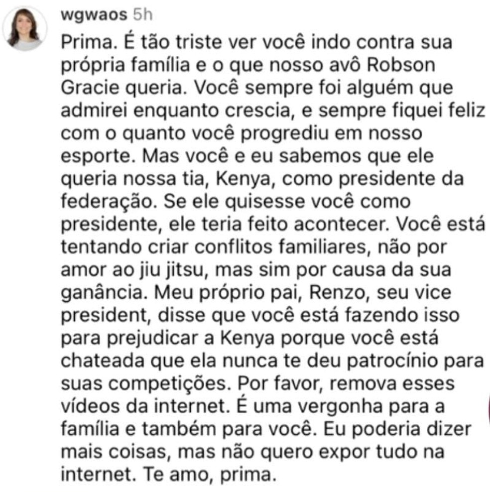 Cora comenta em post de Kyra Gracie — Foto: Reprodução do Instagram