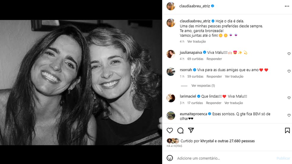 Cláudia Abreu encanta com parabéns à amicíssima Malu Mader — Foto: Instagram