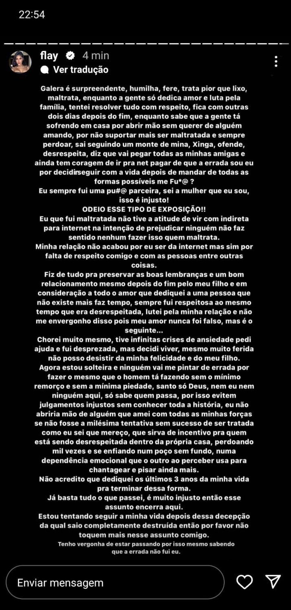 Flay faz desabafo em rede social e afirma ter vivido relacionamento abusivo — Foto: Reprodução/Instagram