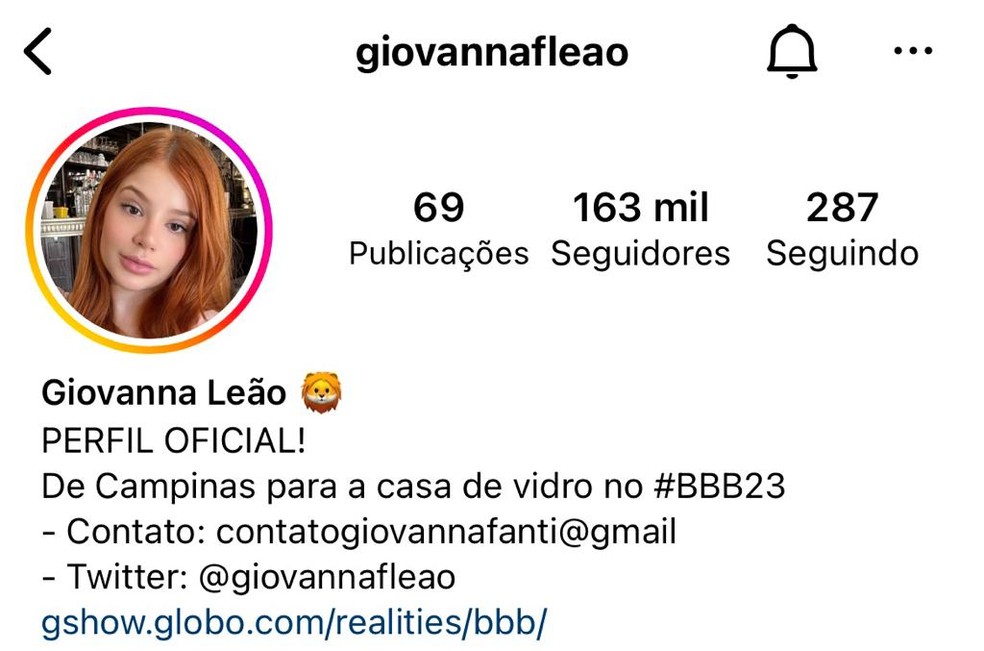 Perfil de Giovanna 24 horas depois de aparecer na Casa de Vidro — Foto: Reprodução/Instagram