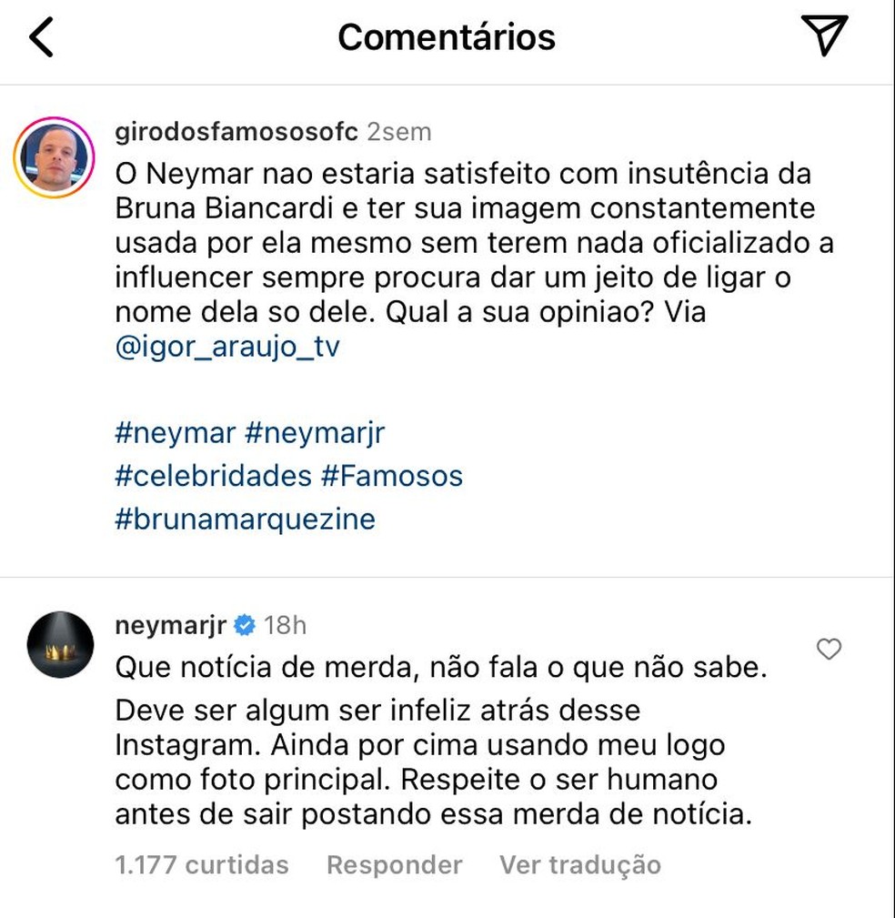 Comentário de Neymar — Foto: Instagram