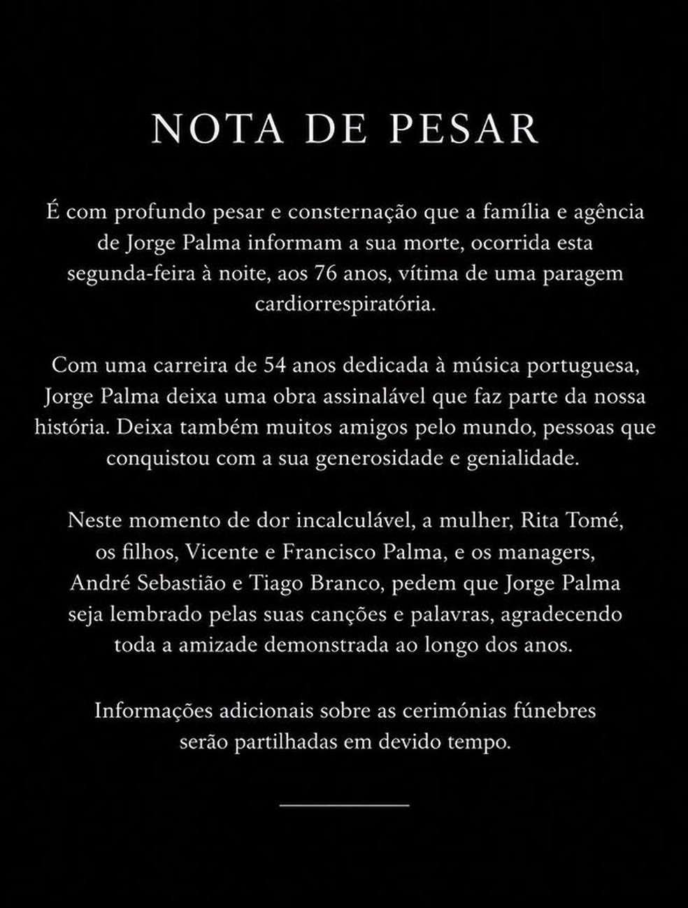 Nota de pesar de Jorge Palma — Foto: Reprodução/Instagram