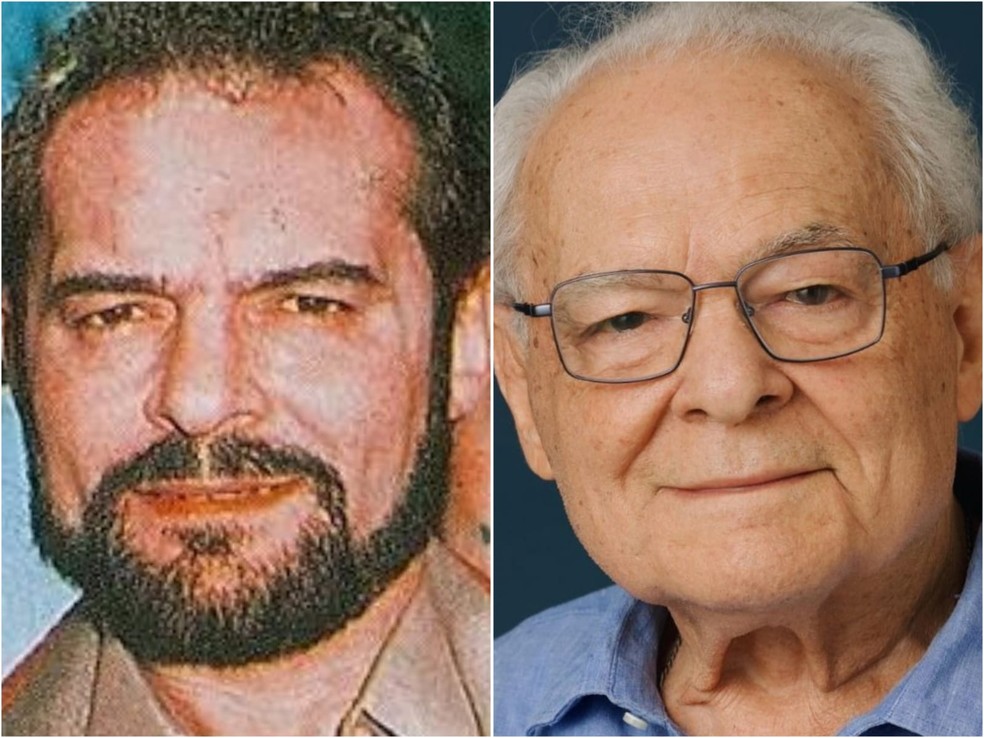 Othon Bastos como Ronaldo César em 'Roque Santeiro' (Globo, 1985) e com visual atual — Foto: Divulgação/TV Globo