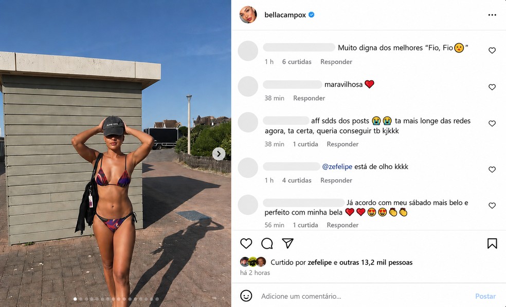 Bella Campos exibe abdômen trincado de biquíni na praia e curtida de Zé Felipe chama atenção — Foto: Reprodução/Instagram