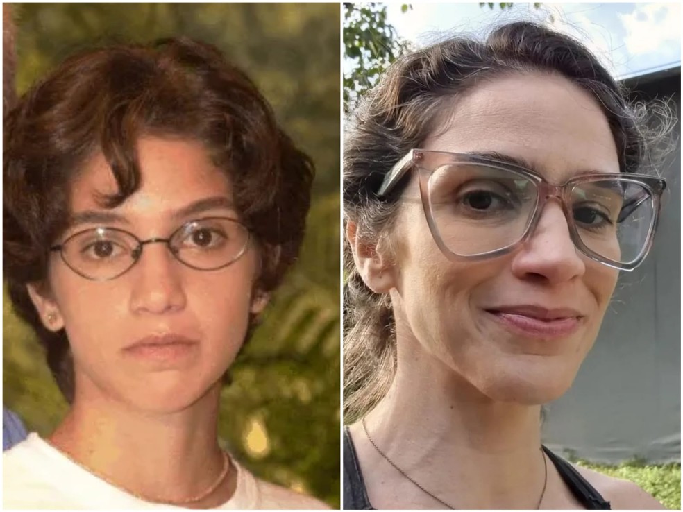 Antes e depois: Roberta Gualda como Paulinha, em Mulheres Apaixonadas (Globo, 2003), e com visual atual — Foto: Divulgação/TV Globo e Reprodução/Instagram