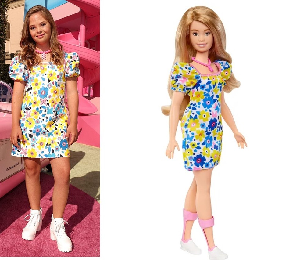Sofia Sanchez se veste como primeira Barbie com Síndrome de Down — Foto: Reprodução/Instagram e Divulgação/Mattel