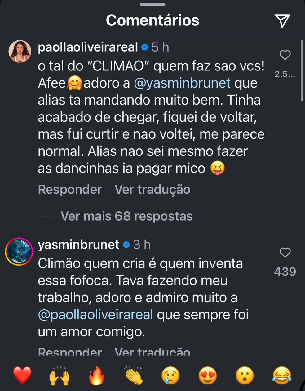 Paolla Oliveira e Yasmin Brunet comentam sobre rumores de 'climão' — Foto: Reprodução/Instagram