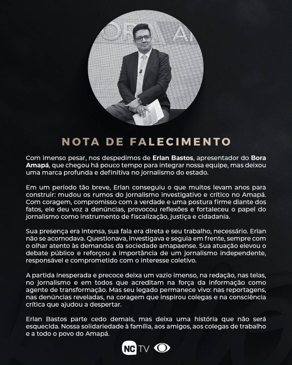 NC TV Amapá comunica morte de Erlan Bastos — Foto: Reprodução/Instagram