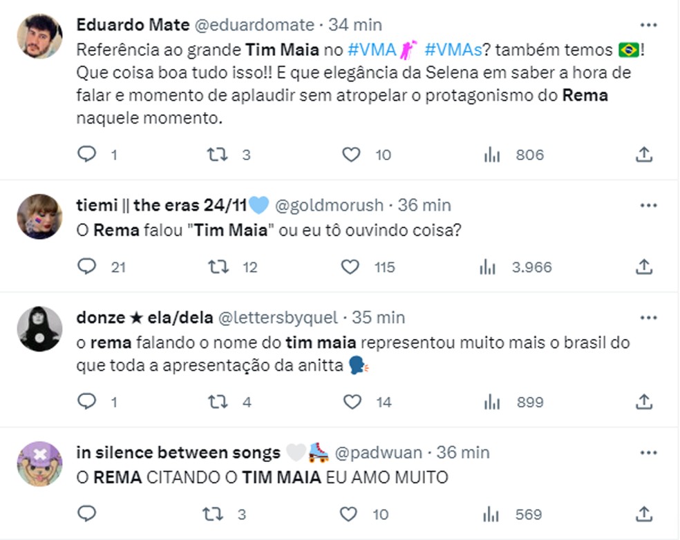 Rema agradeceNDO Tim Maia em discurso ao vencer VMA 2023 repercute na web — Foto: Twitter