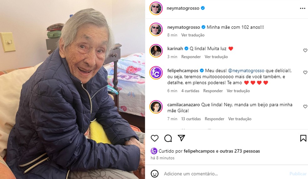 Ney Matogrosso encanta a web com foto da mãe, de 102 anos