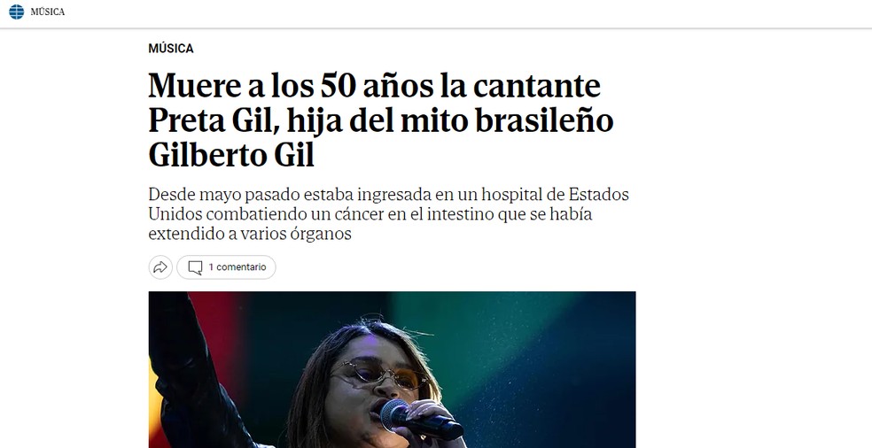 El Mundo, da Espanha, noticia morte de Preta Gil — Foto: Reprodução