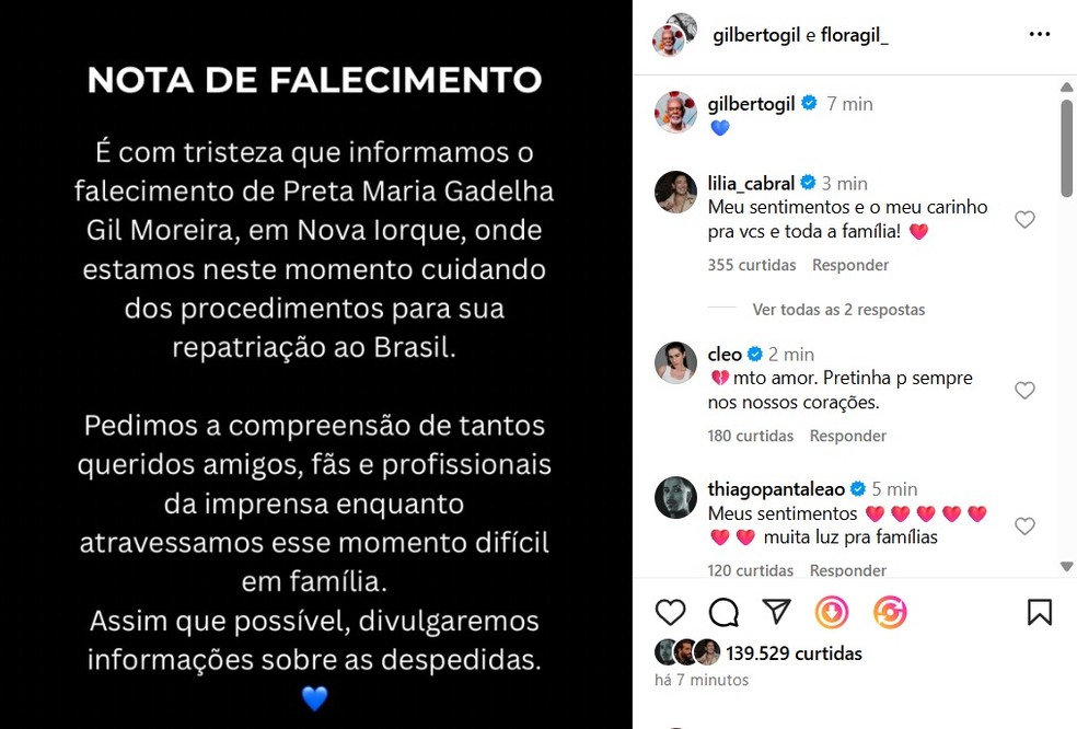 Gilberto e Flora Gil se despedem de Preta Gil &mdash; Foto: Reprodu&ccedil;&atilde;o/Instagram