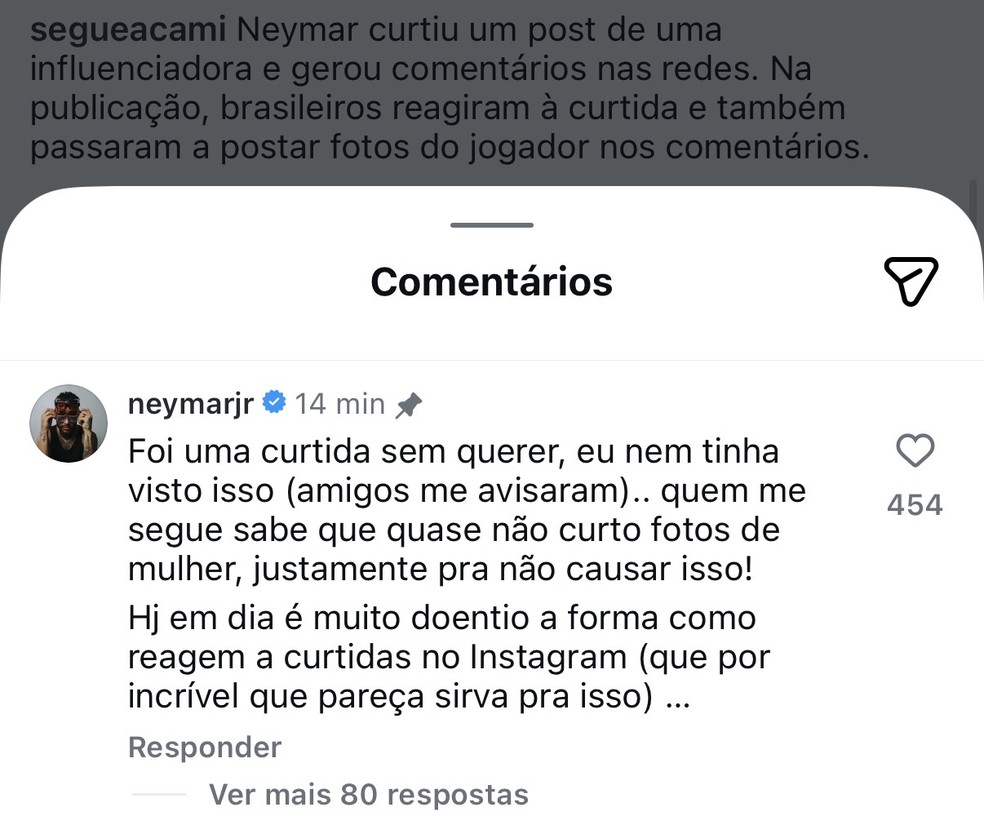 Comentário de Neymar — Foto: Reprodução/Instagram
