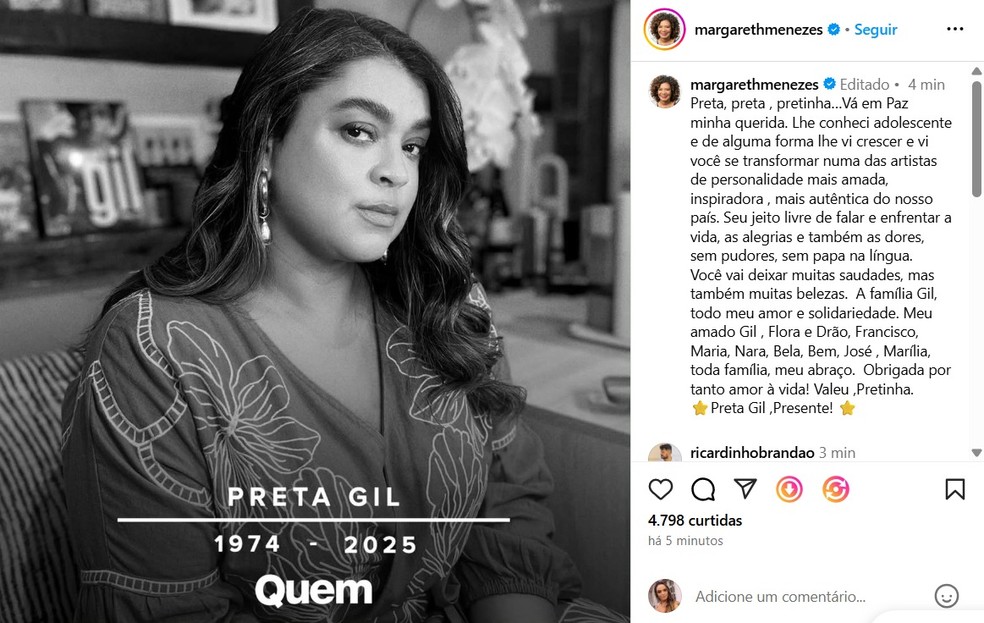 Margareth Menezes se despede de Preta Gil &mdash; Foto: Reprodu&ccedil;&atilde;o/Instagram
