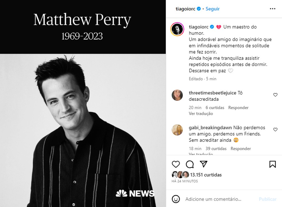 Famosos lamentam morte de Matthew Perry, o Chandler de 'Friends