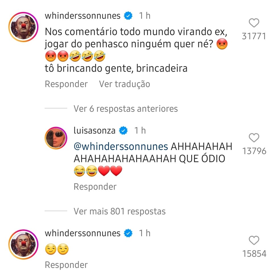 Whindersson reage a publicação de Luísa Sonsa — Foto: Instagram