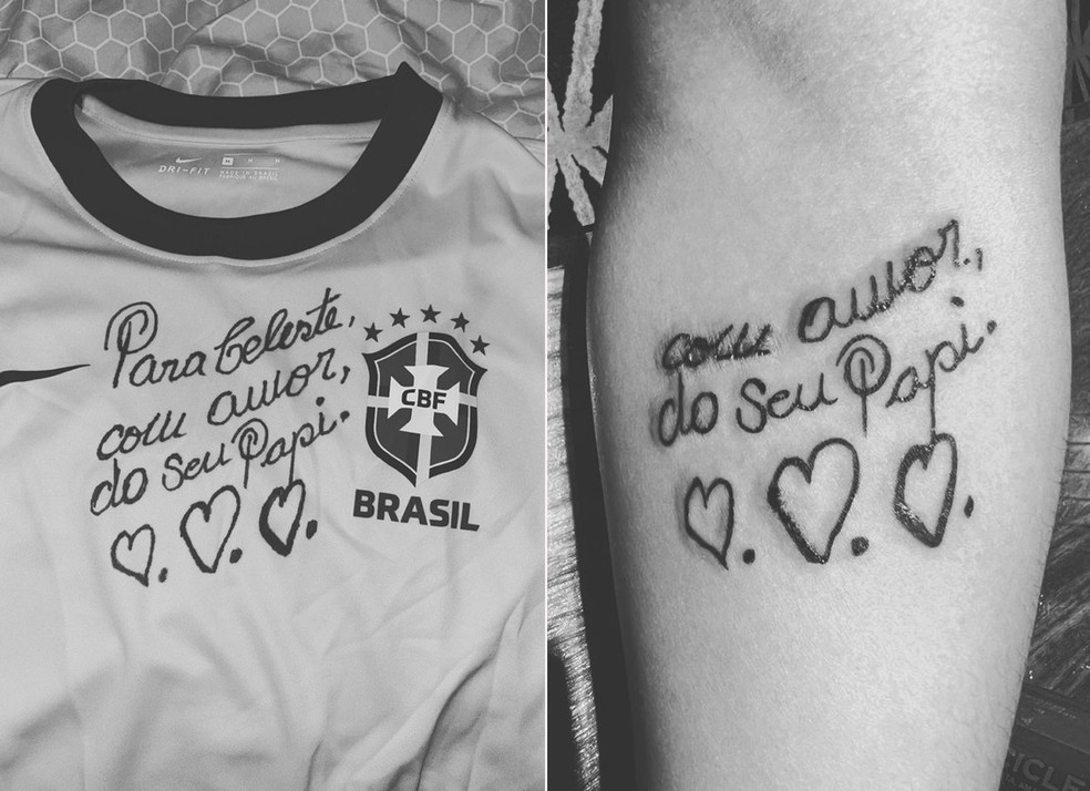Celeste Nascimento faz homenagem reproduzindo mensagem de Pelé em tatuagem — Foto: Reprodução Instagram