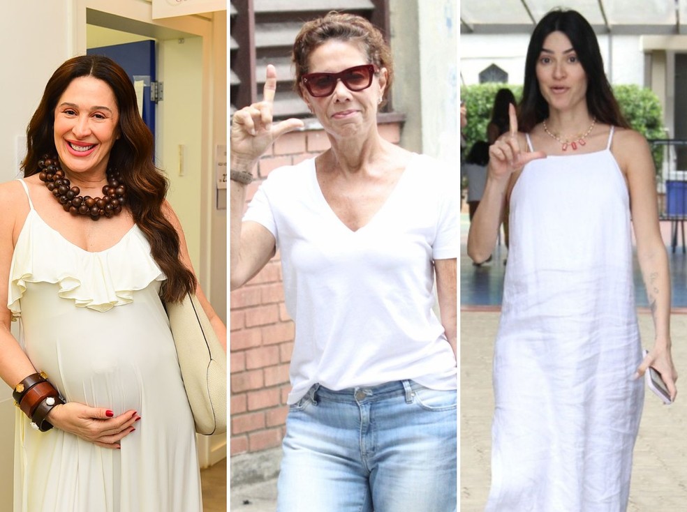Grávidas, Claudia Raia e Thaila Ayala escolherem visual branco para votar; atriz Ângela Vieira também — Foto: AgNews; Brazil News