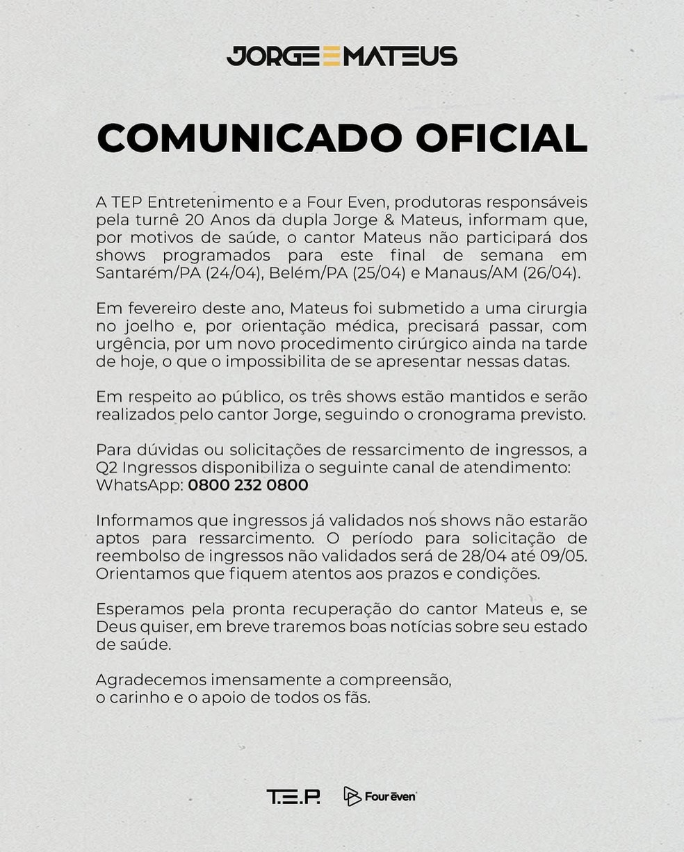 O comunicado da assessoria de Jorge e Mateus — Foto: Reprodução Instagram