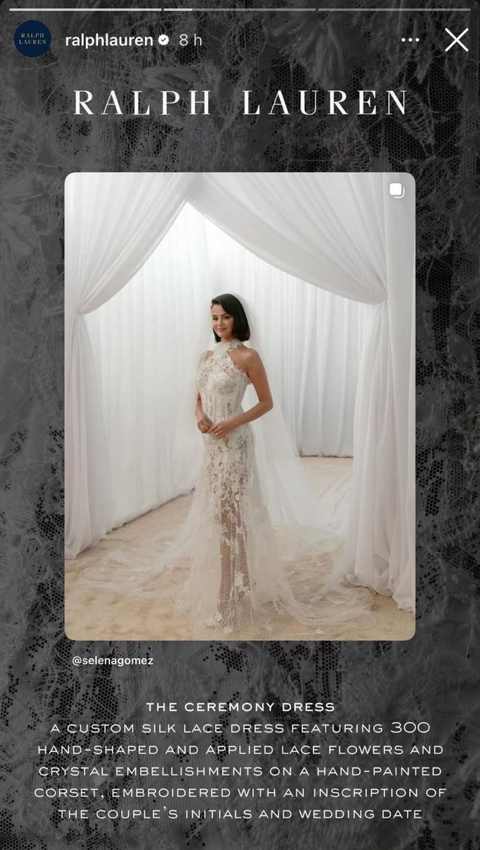 Vestido de noiva de Selena Gomez — Foto: Reprodução | Instagram
