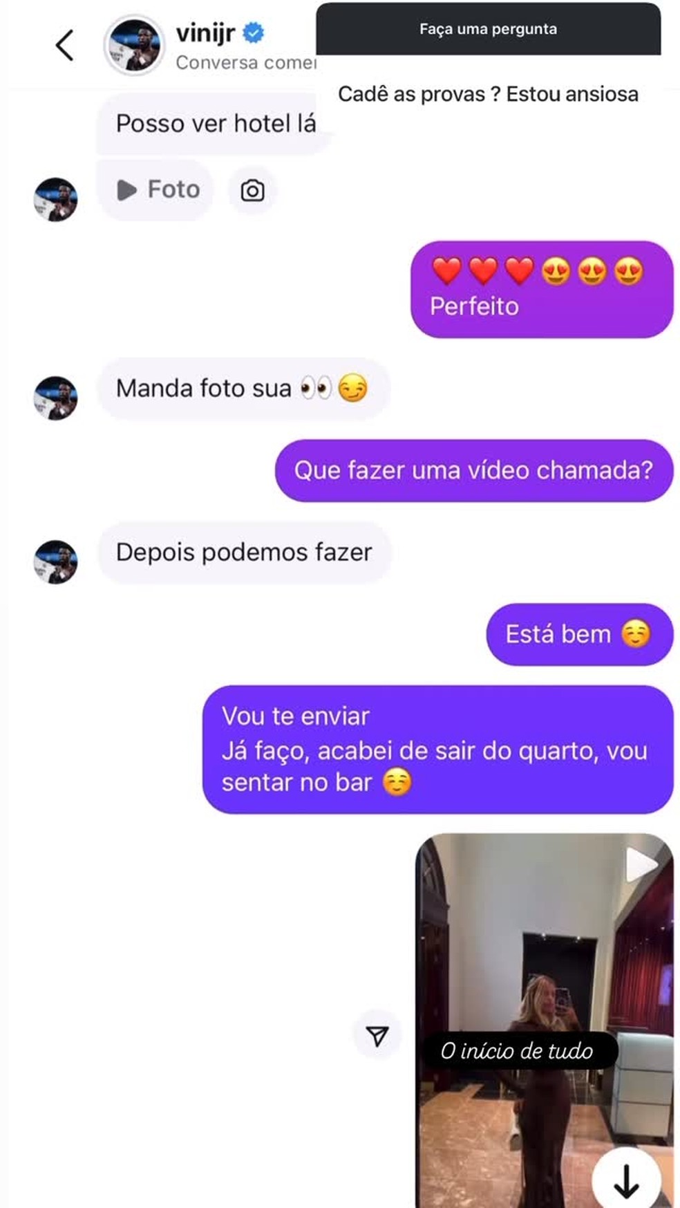 Modelo compartilha mensagens que teria trocado com Vini Jr. — Foto: Reprodução/Instagram