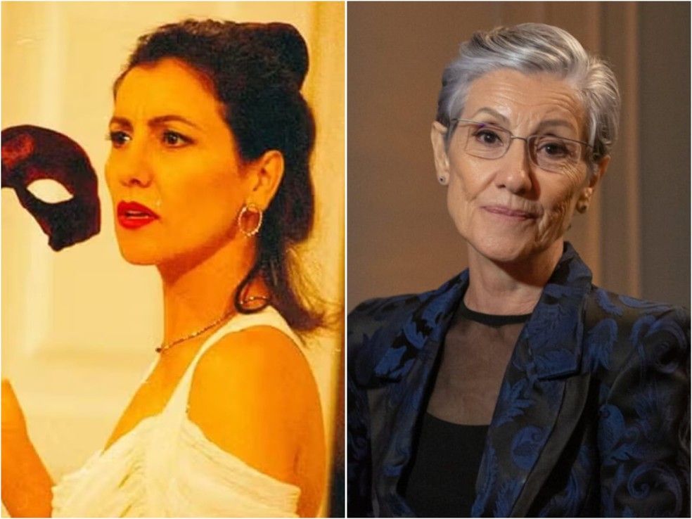 Cássia Kis em 'Quem é Você' (Globo, 1996), como Beatriz, e com visual atual — Foto: Divulgação/TV Globo