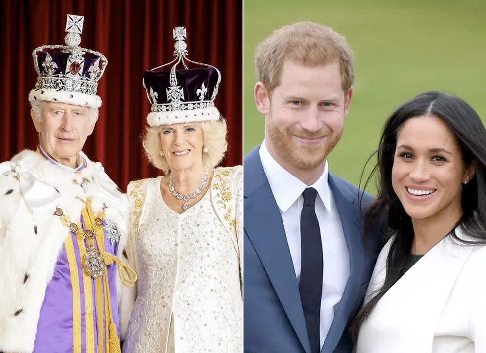 Rei Charles III, Rainha Camilla, Harry e Meghan Markle — Foto: Divulgação e Getty Images