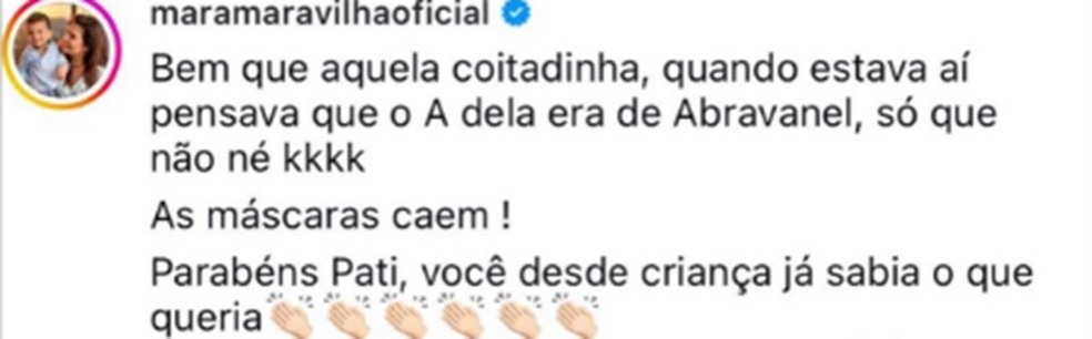 Post de Mara Maravilha em defesa de Patrícia Abravanel — Foto: Reprodução/Instagram