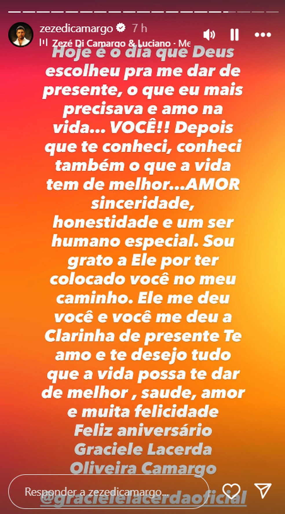 Zezé Di Camargo desejando parabéns a esposa — Foto: Reprodução/Instagram