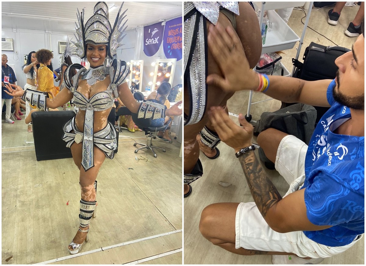 Ex-BBB Natália Deodato recebe ajuda do namorado antes de desfile: Ele  ainda me carrega no final