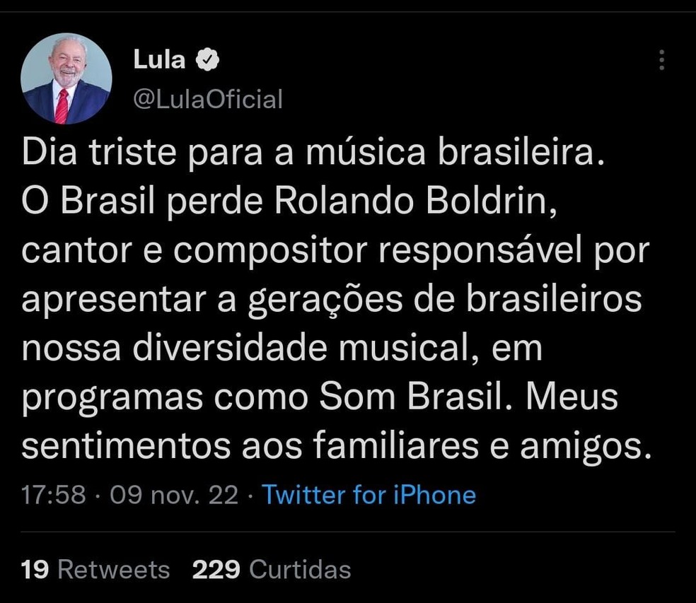 Lula lamenta morte de Rolando Boldrin — Foto: Reprodução do Instagram