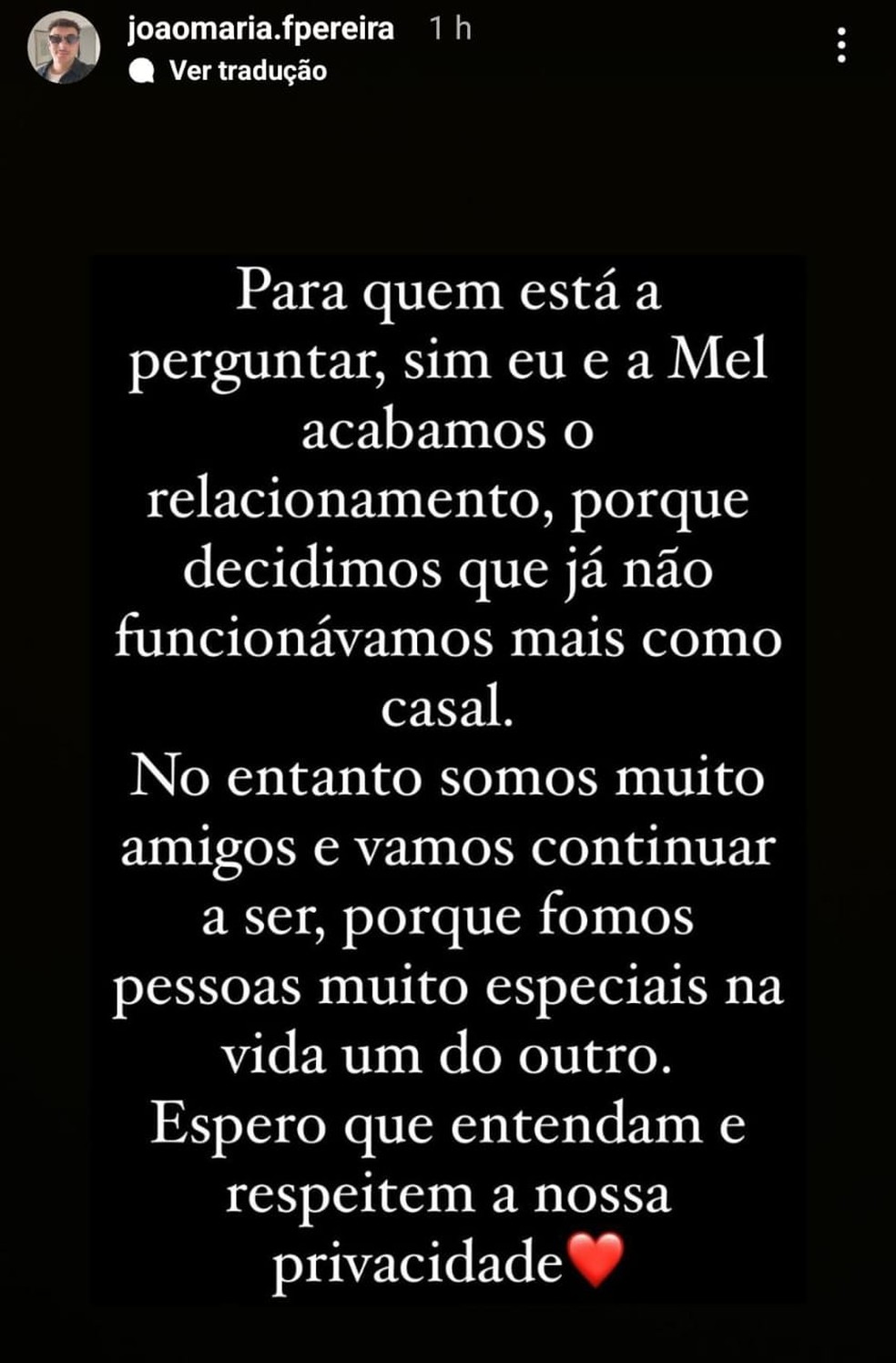 João Maria anuncia fim de namoro com Mel Maia — Foto: Reprodução/Instagram