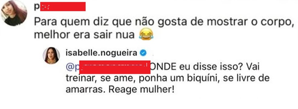 Isabelle Nogueira rebate seguidora em rede social — Foto: Reprodução/Instagram