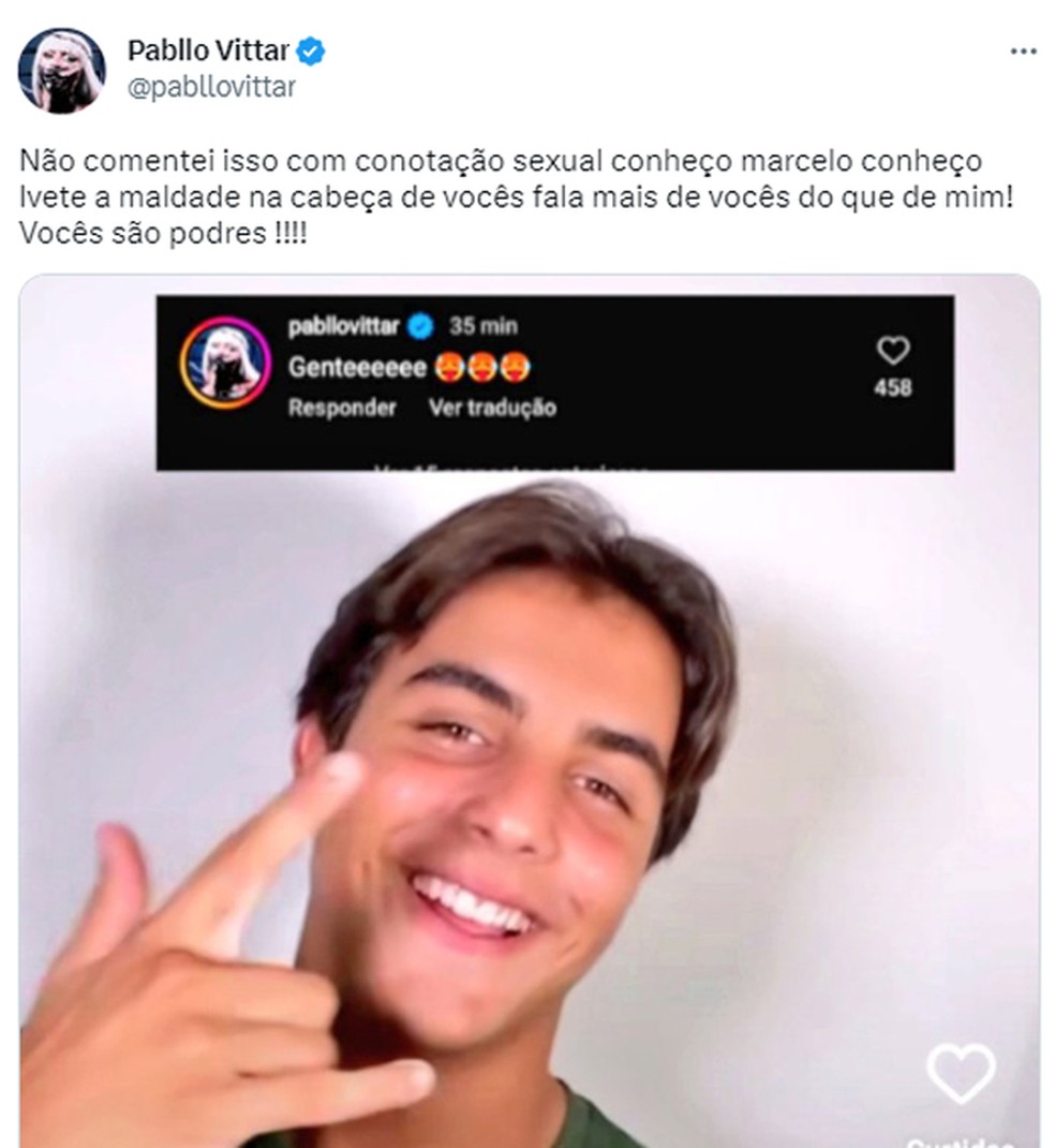Pabllo Vittar é criticada por comentário em foto de Marcelo, filho de Ivete Sangalo, e rebate — Foto: Reprodução/Twitter