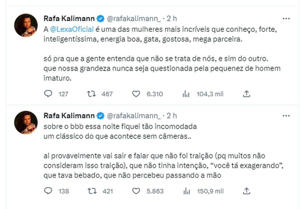 Rafa Kalimann apoia Lexa após atitudes de Guimê no BBB 23: 'Vai sair e ...