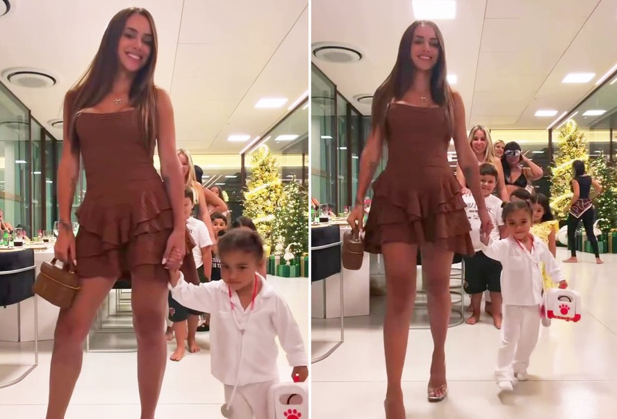 Mavie dá show de fofura ao desfilar com Bruna Biancardi em festa; vídeos