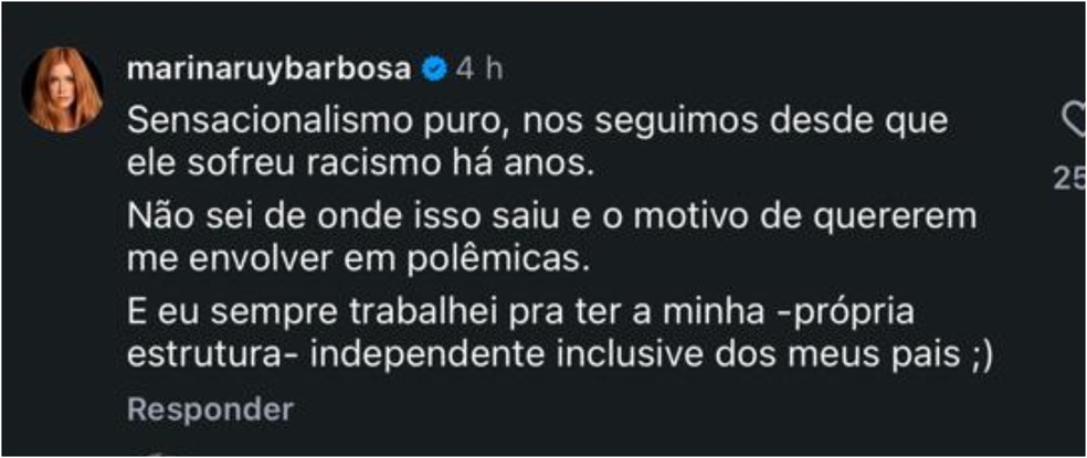 Comentário de Marina Ruy Barbosa — Foto: Reprodução/Instagram