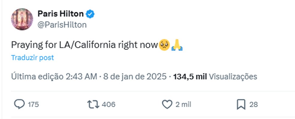 Paris Hilton se manifesta sobre incêndios na Califórnia — Foto: Reprodução