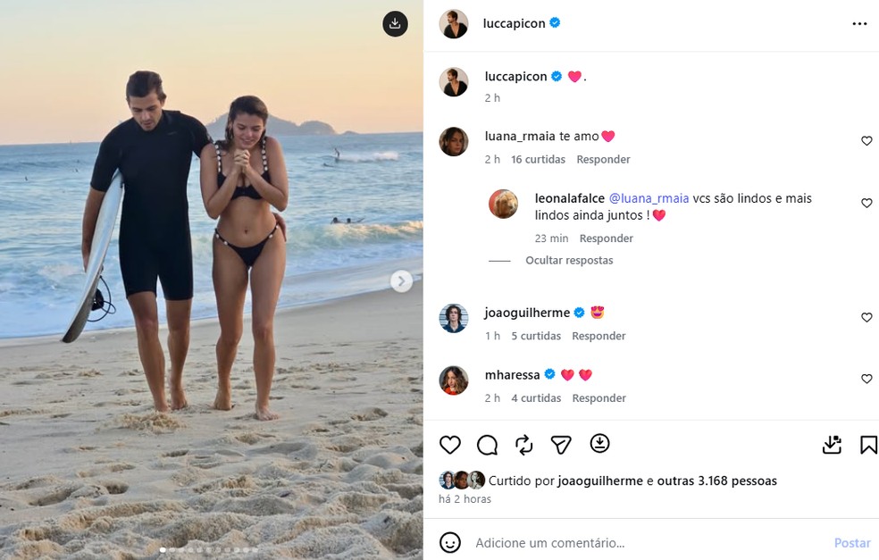 João Guilherme comenta post do amigo Lucca Picon com a namorada, Luana Maia, irmã de Bruna Marquezine e sua ex-cunhada — Foto: Reprodução/Instagram