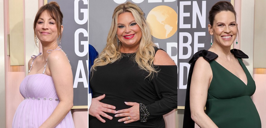 Kaley Cuoco, Amy Elizabeth Boland e Hilary Swank grávidas no Globo de Ouro 2023