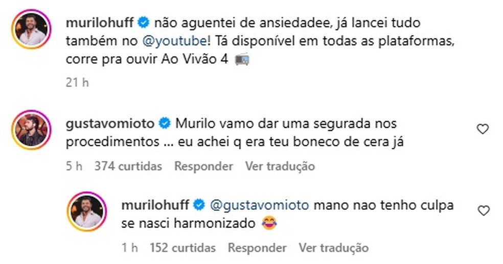 Murilo Huff rebateu comentário de Gustavo Mioto — Foto: Reprodução/Instagram