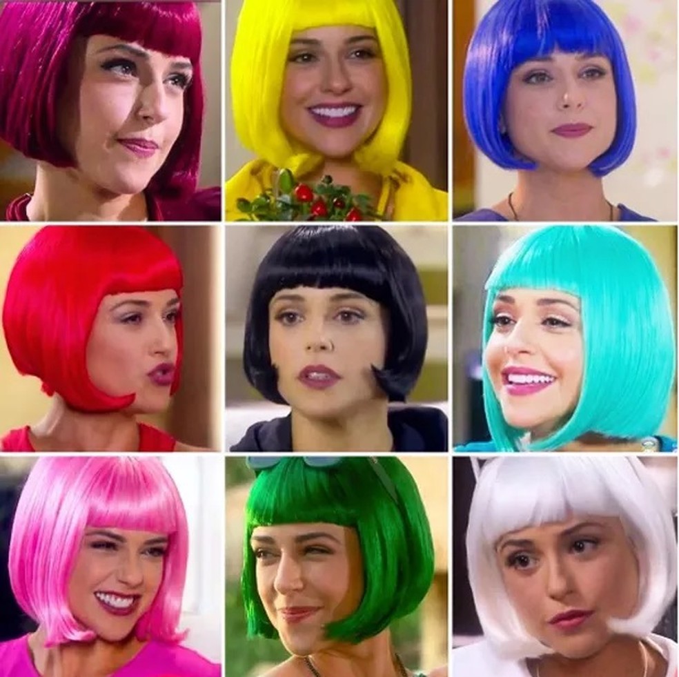 Priscila Sol com as diferentes caracterizações de Tia Perucas na novela 'Carinha de Anjo', exibida pelo SBT entre 2016 e 2018 — Foto: Reprodução