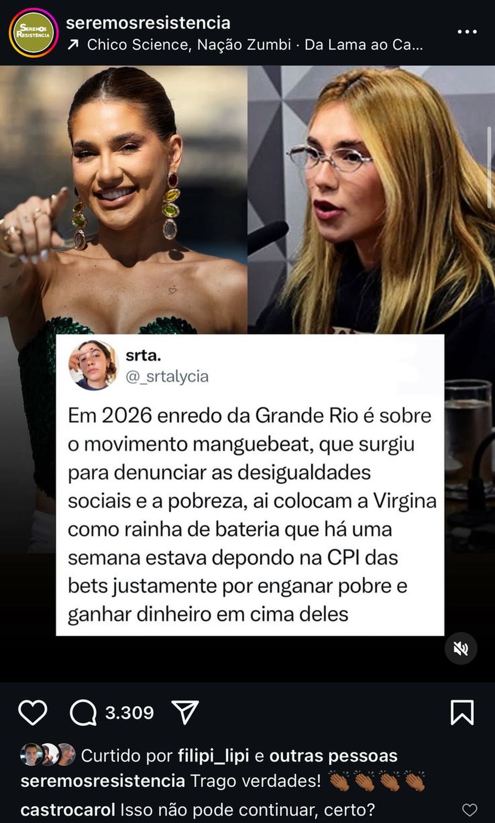 Carol Castro critica Grande Rio por colocar Virginia Fonseca como Rainha de Bateria — Foto: Reprodução/Instagram