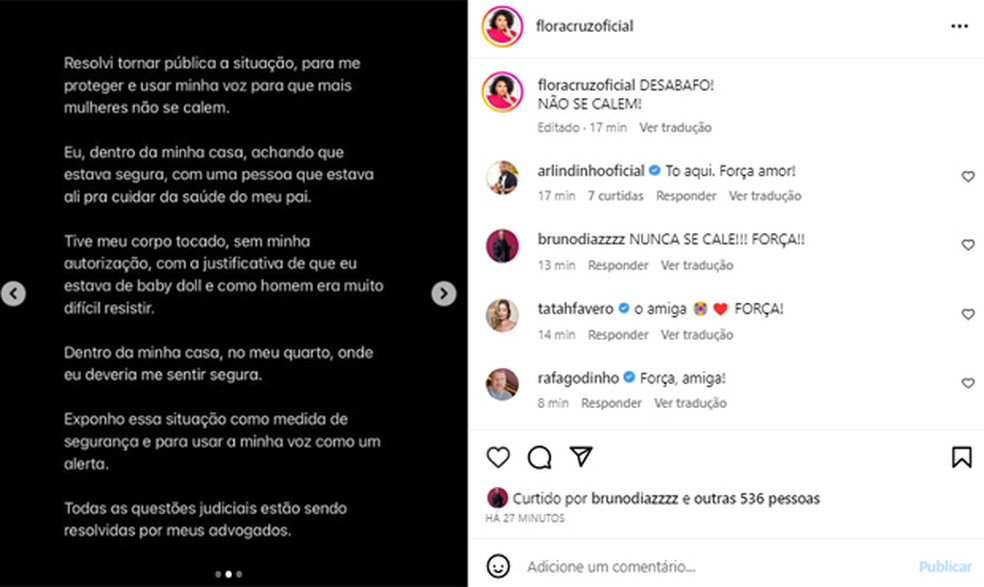 Flora Cruz acusa cuidador do pai, Arlindo Cruz, de importunação sexual — Foto: Instagram