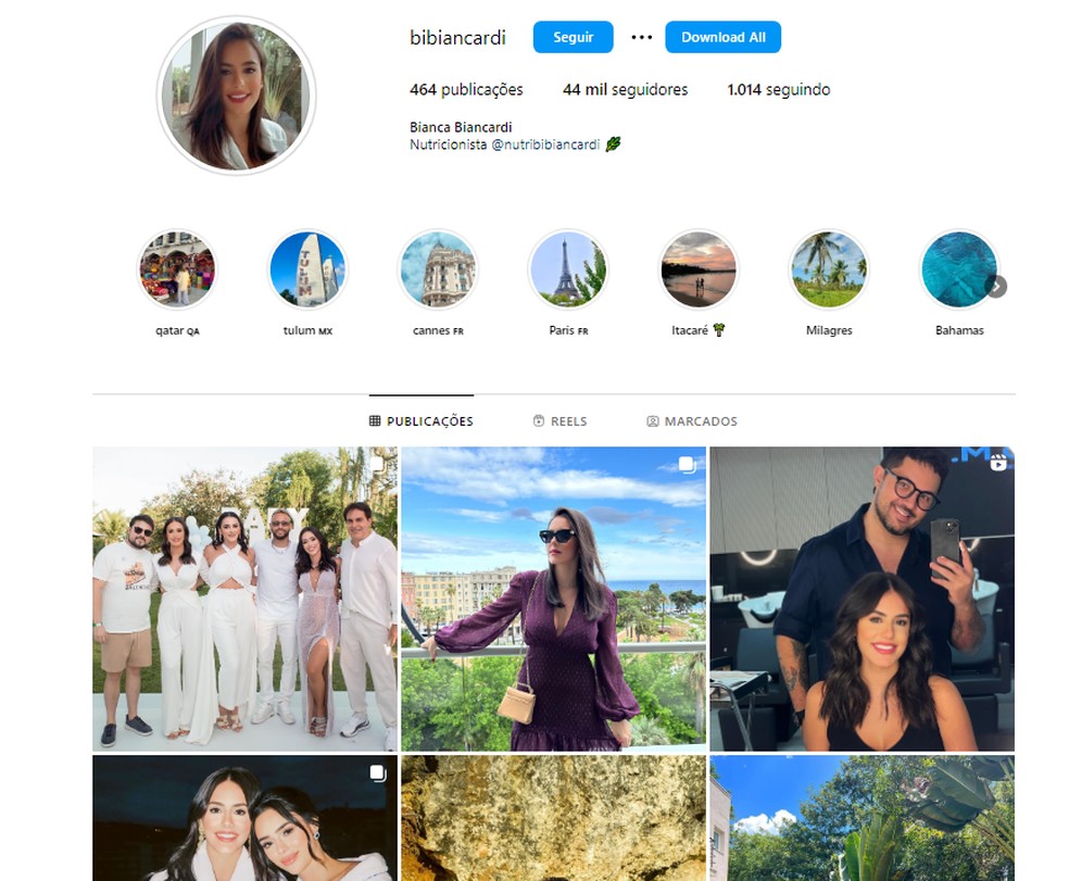 Perfil de Bianca Biancardi com 44 mil seguidores no Instagram — Foto: Reprodução/Instagram