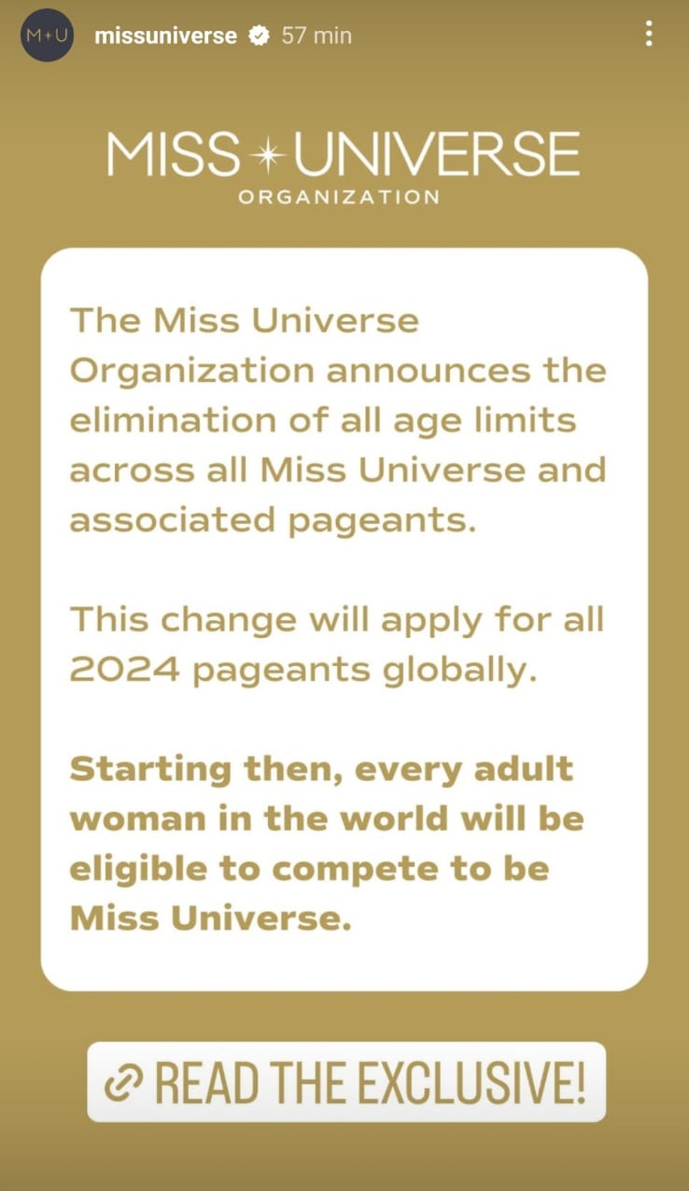 Organização do Miss Universo anuncia que concurso não terá mais limite máximo de idade — Foto: Instagram