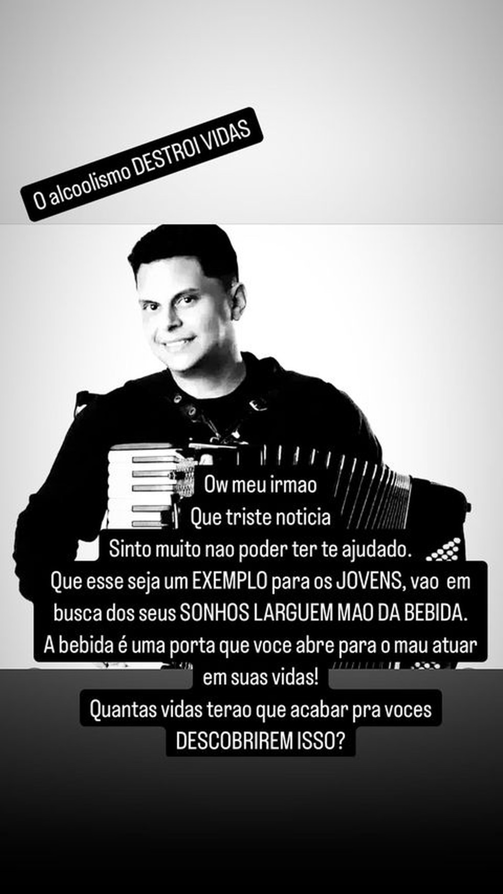 Flho de Flávio José culpa vício em morte de Mayke José — Foto: Reprodução/Instagram