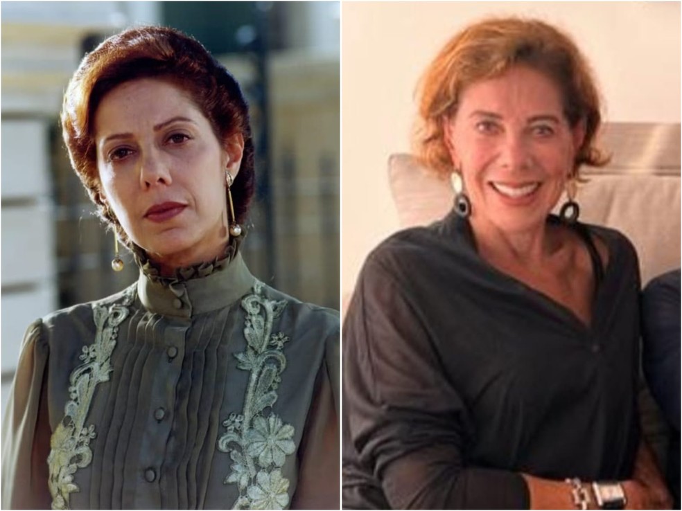 Ângela Vieira em 'Terra Nostra (Globo, 1999), como Janete, e com visual atual — Foto: Divulgação/TV Globo e Reprodução/Instagram