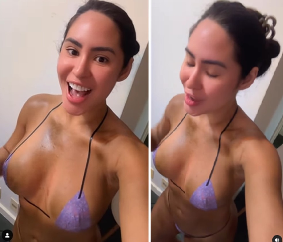 Isabelle Nogueira renova bronzeado com biquíni de fita para desfile — Foto: Reprodução/Instagram