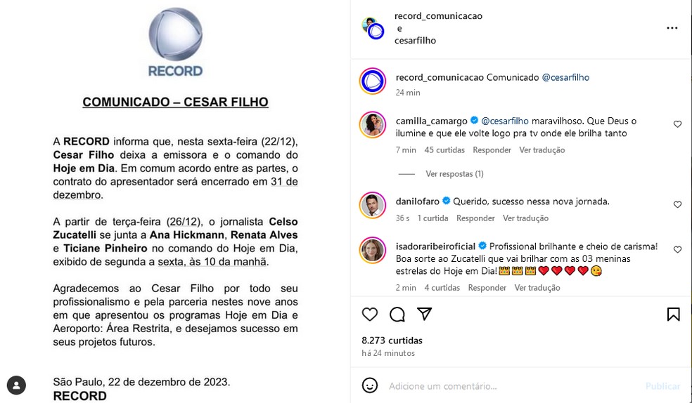 César Filho encerra contrato com a Record TV — Foto: Reprodução/Instagram